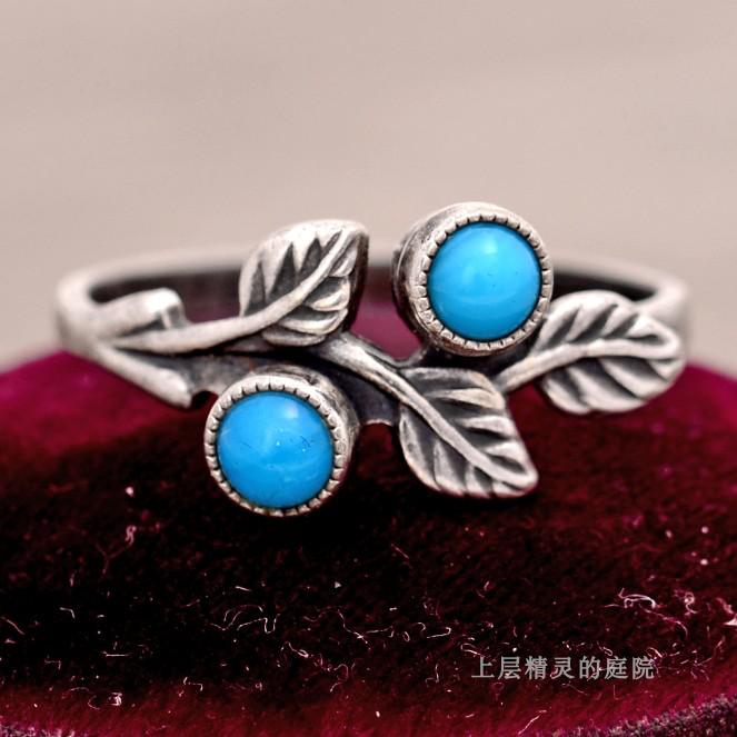 庭院天然蓝松石古董老银戒指