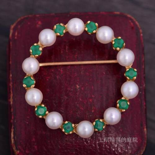 SOLD上层精灵的庭院∮西洋VTG珠宝欧洲14K金天然海珍珠绿晶髓胸针