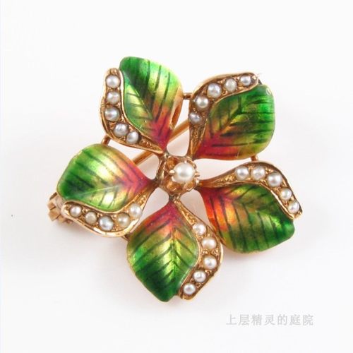SOLD Art Nouveau古董14k金新艺术风格釉彩珐琅野生小珍珠花朵