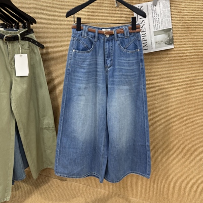 br98722夏装复古阔腿牛仔裤女高腰垂感宽松八分裤做旧蓝牛仔裤薄