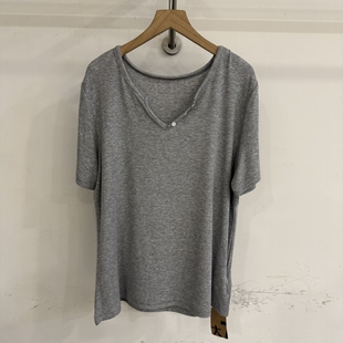 大7女装78635春夏韩版宽松大码休闲慵懒风纽扣V领弹力短袖T恤上衣