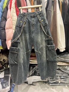 轩语xuanyu72138-1冬装美式复古加绒宽松大码牛仔裤女工装弯刀裤