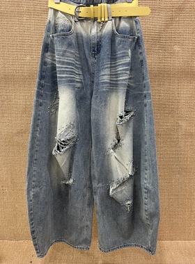 No.onejeans夏装高腰破洞钉珠弯刀牛仔裤女百搭休闲阔腿长裤C7657