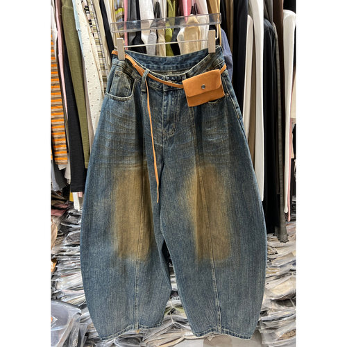 LONEjeans6695秋装美式阔腿牛仔裤宽松复古做旧直筒弯刀裤长裤女