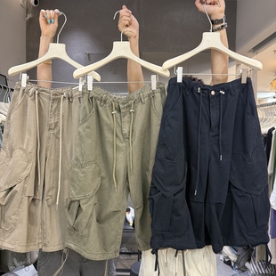 eregg2026夏装韩版设计工装风口袋抽绳七分休闲中裤阔腿牛仔裤女