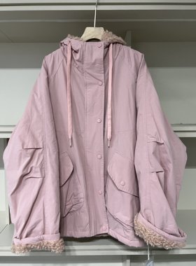 WE家65464冬装加厚立领宽松时尚百搭中长款带帽羊羔毛棉服外套女