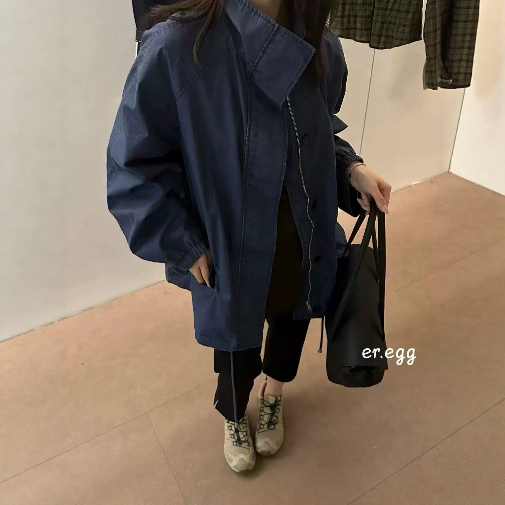 er.egg2026秋装韩国工装风衣女宽松显瘦抽绳立领慵懒休闲夹克外套