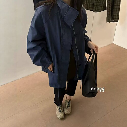 er.egg2026秋装韩国工装风衣女宽松显瘦抽绳立领慵懒休闲夹克外套