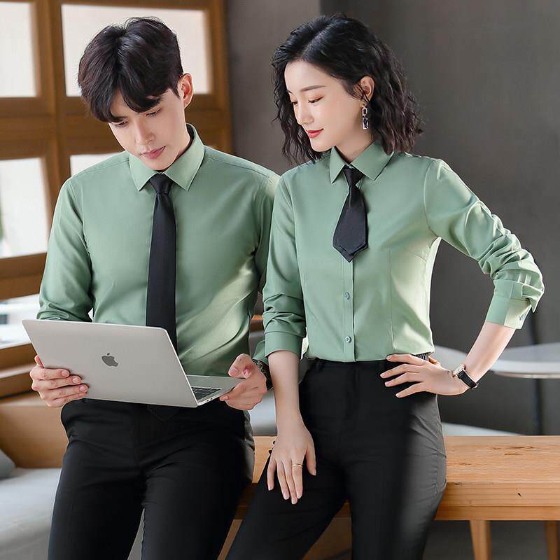 绿色衬衫女士秋装长袖职业工装男女同款工作服棉质衬衣绣logo