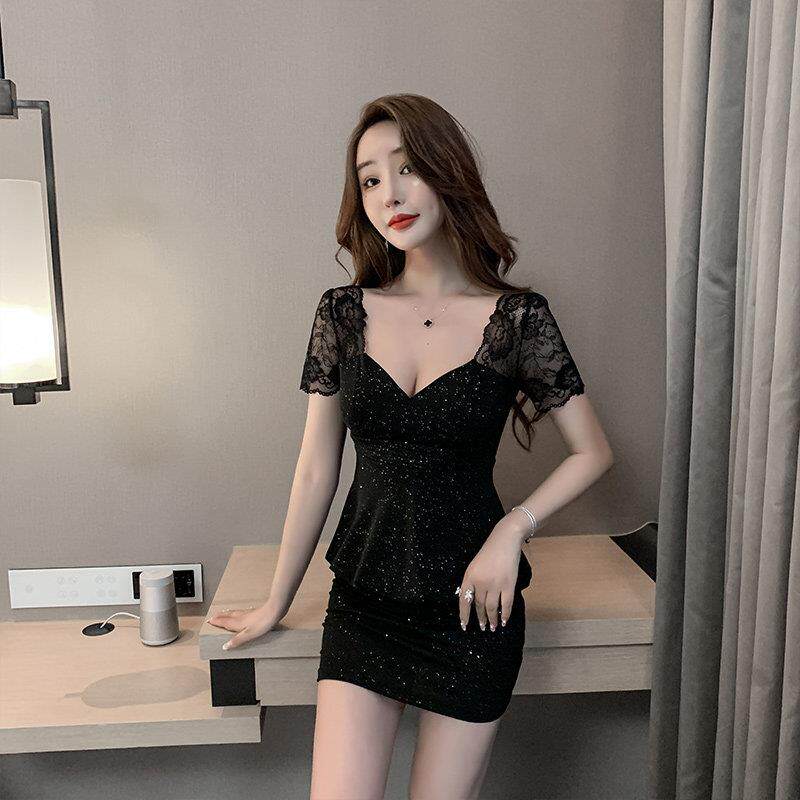 性感连衣裙女新款夜总店低胸显瘦深v领纯欲夜场上班蕾丝包臀短裙