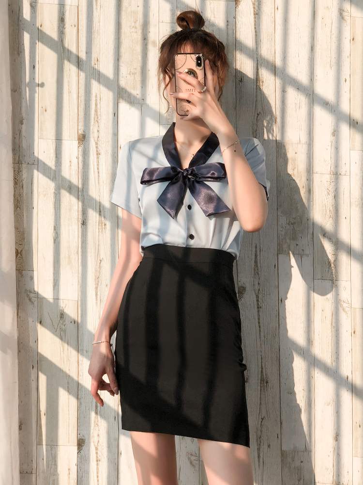 工作服女职业气质短袖蝴蝶结衬衫通勤套装2021夏空乘制服女士衬衣