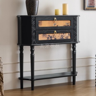 法式 复古客厅玄关柜入户白蜡木中古风全实木展示香云纱过道边柜