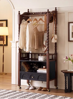 法式中古风移动衣帽架实木落地挂衣架卧室衣服收纳架开放式置物架