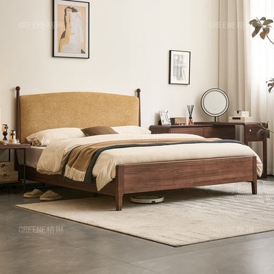 中古风胡桃木双人床宋式美学储物床1.8米软靠主卧室家用全实木床