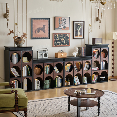 法式复古半墙书柜储物柜一体客厅电视柜书架落地置物架边柜展示柜