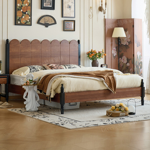 法式复古实木床1.8米主卧小户型美式双人床1.5m中古风白蜡木床