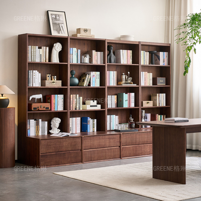 北美黑胡桃木书架带抽屉实木书柜一体满墙储物格展示柜收纳柜组合
