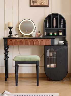 法式复古白蜡木实木梳妆台中古风卧室床边化妆桌收纳柜一体化妆台