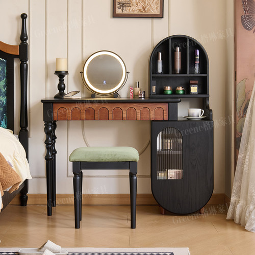 法式复古白蜡木实木梳妆台中古风卧室床边化妆桌收纳柜一体化妆台