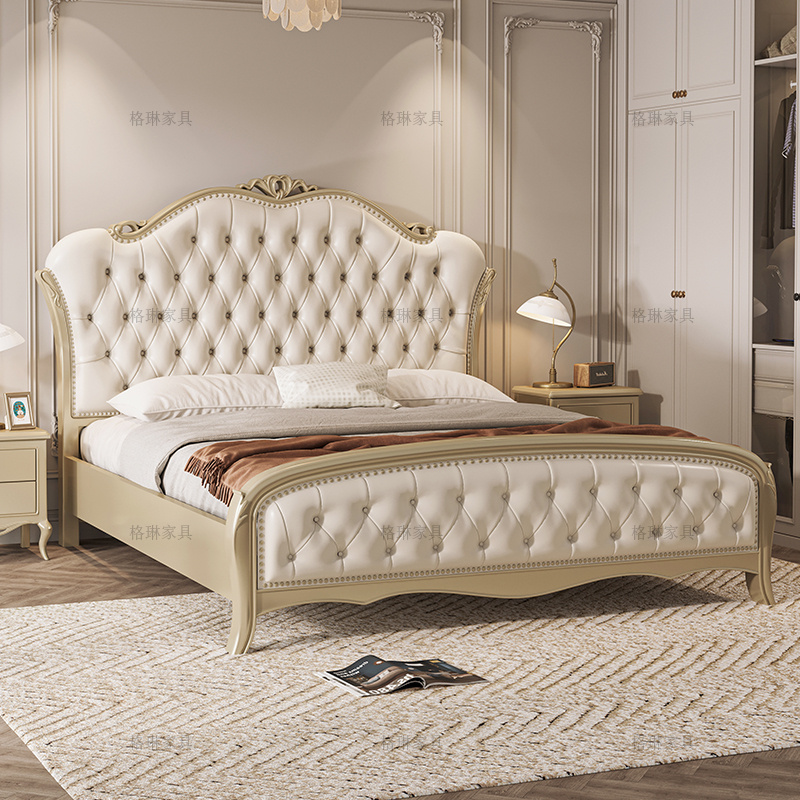 欧式轻奢实木床1米8主卧大床头层牛皮美式真皮床储物高箱床新款