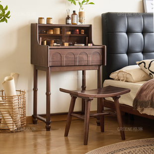 黑胡桃木梳妆台带抽屉迷你法式中古风卧室纯实木化妆桌小户型原木