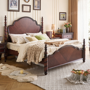 格琳法式 床双人婚床主卧中古风床1米8胡桃木色家具 实木床复古美式