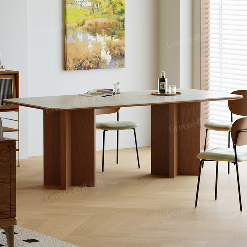 中古风实木岩板餐桌椅诧寂风饭桌家用小户型现代长方形岩板餐桌子