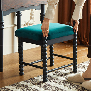 法式 中古风白蜡木妆凳 黑色复古化妆凳网红梳妆凳卧室实木布艺法式