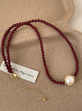 安可拉红串珠棉花珍珠项链女轻奢