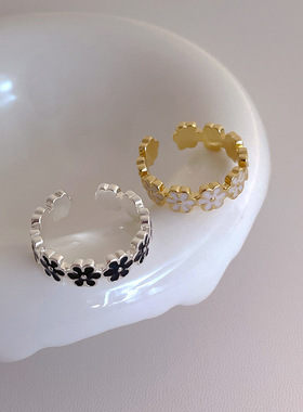 滴油黑色花朵开口戒指女小众独特