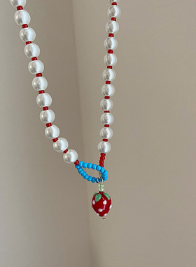 趣味红色草莓珍珠串珠项链女甜美