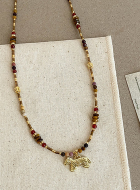 新中式天然石水晶串珠小马吊坠项链女复古轻奢气质时尚颈链锁骨链