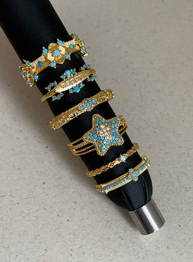 复古轻奢绿色碎石星星花朵金色戒指女个性独特潮流精致指环戒子