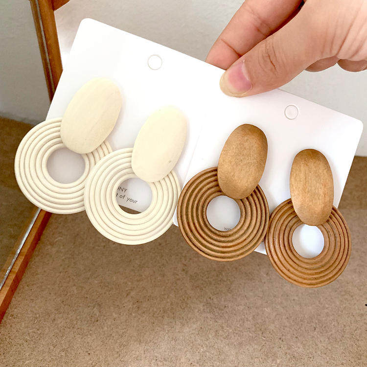 欧美跨境外贸时尚几何圆圈螺旋木质耳环 简约复古个性夸张耳饰女