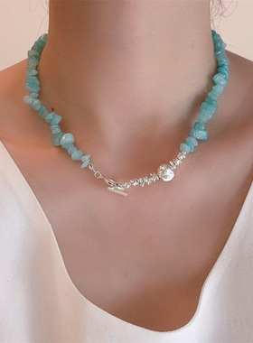 不规则湖蓝色天然石串珠珍珠项链