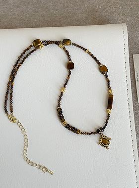 设计感几何椭圆吊坠虎眼石串珠项链女复古独特时尚潮流颈链毛衣链