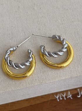 ins小众撞色麻花C形双环耳环女时尚轻奢高级感复古几何耳钉耳饰品