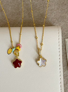 设计感红色滴油贝母双面花朵吊坠项链女个性精致时尚颈链毛衣链