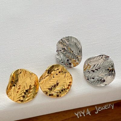 18k真金电镀不规则纹理碎碎冰圆形耳环女时尚轻奢高级感耳钉耳饰