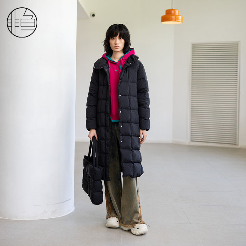 非鱼2024冬季新款立领百搭羽绒服加厚长款直筒系带显瘦羽绒外套