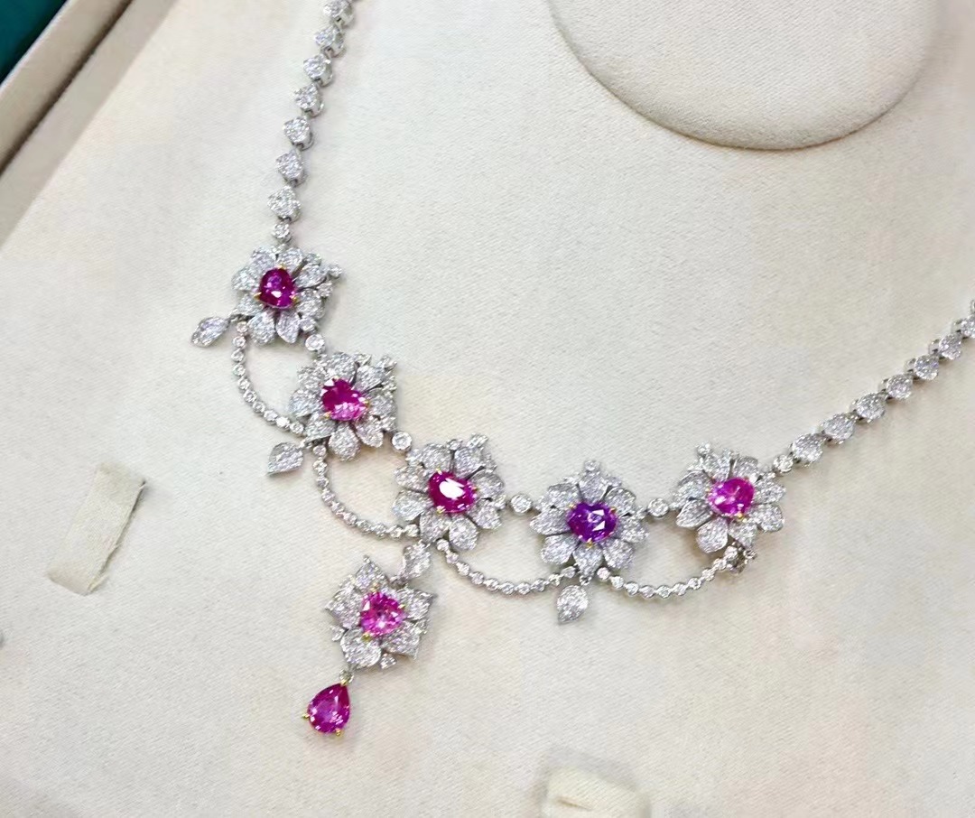 天然红宝石粉色蓝宝石五花项链重金18k伴钻石豪华镶嵌加工定制女