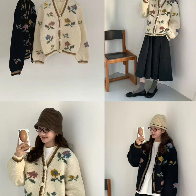 LEAVES冬上新V领排扣花朵洋气撞色保暖毛衣66868