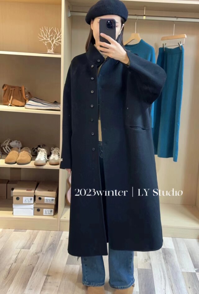 小扣子创意羊绒大衣吾十冬新款女装中长款外套百分澳毛