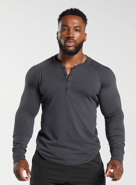 春季GYMSHARK REST DAY Henley 纽扣贴身弹力运动长袖t恤