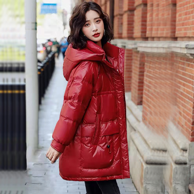 本命年韩版红色羽绒服女中长款冬季90白鸭绒宽松连帽加厚保暖外套