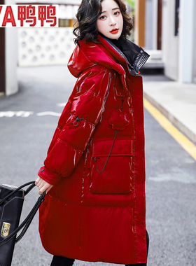 鸭鸭2025冬季新款红色羽绒服女中长款加厚保暖白鸭绒亮面外套洋气