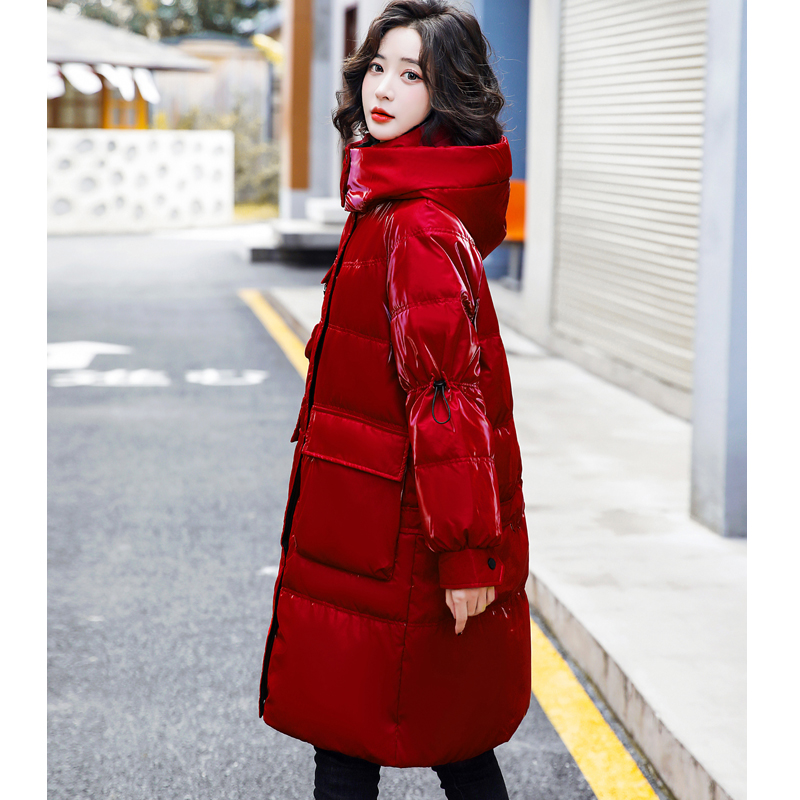 2025冬季新款红色羽绒服女中长款加厚保暖白鸭绒亮面外套时尚洋气