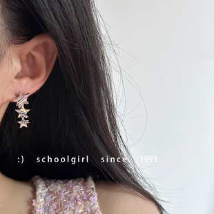 设计感简约个性 S925银针星星串瀑布耳环小巧精致冷淡风五角星耳饰