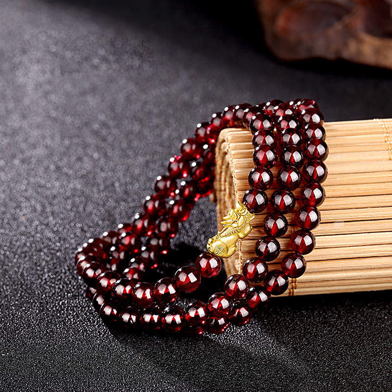 天然石榴石多圈手串女黄金貔貅三圈手链本命年招财皮丘转运珠礼物