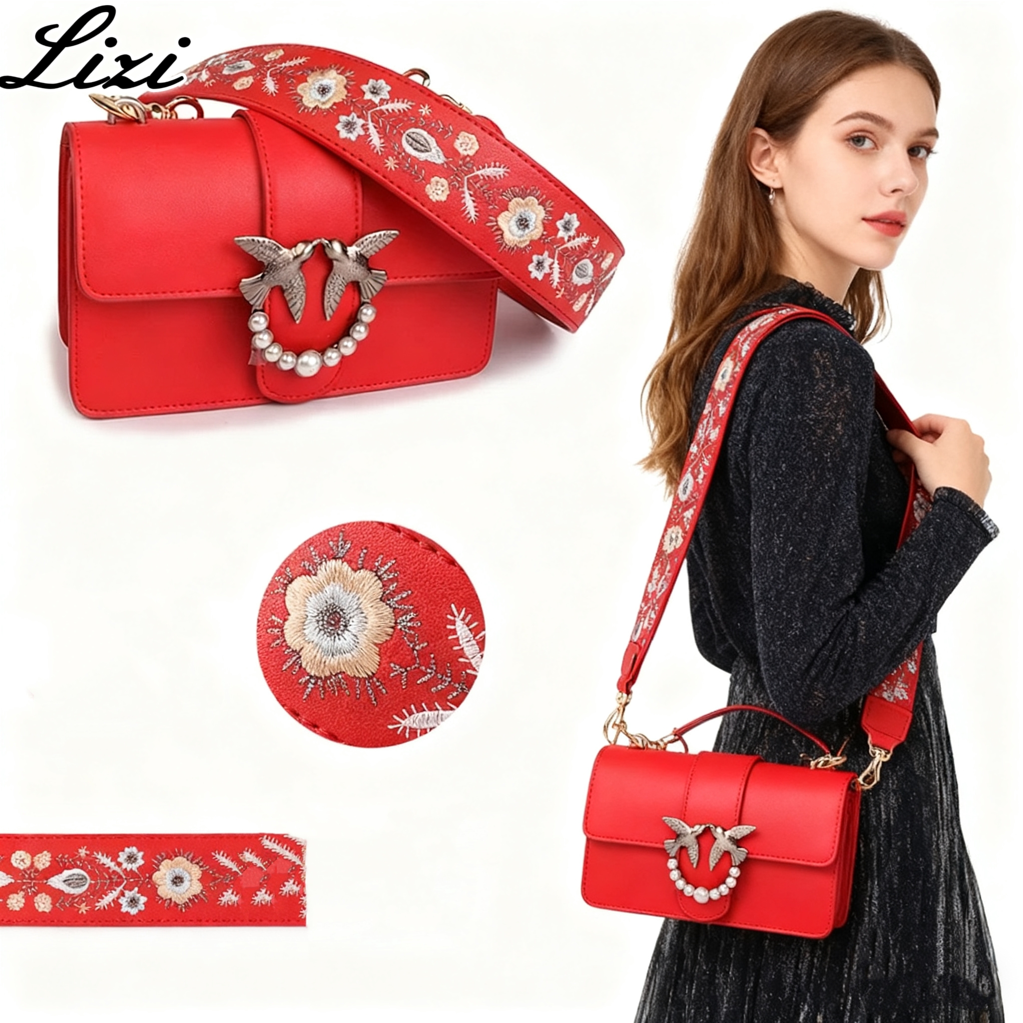 包包宽肩带刺绣Guitar Strap斜挎包配件带双面真皮牛皮红色包带子